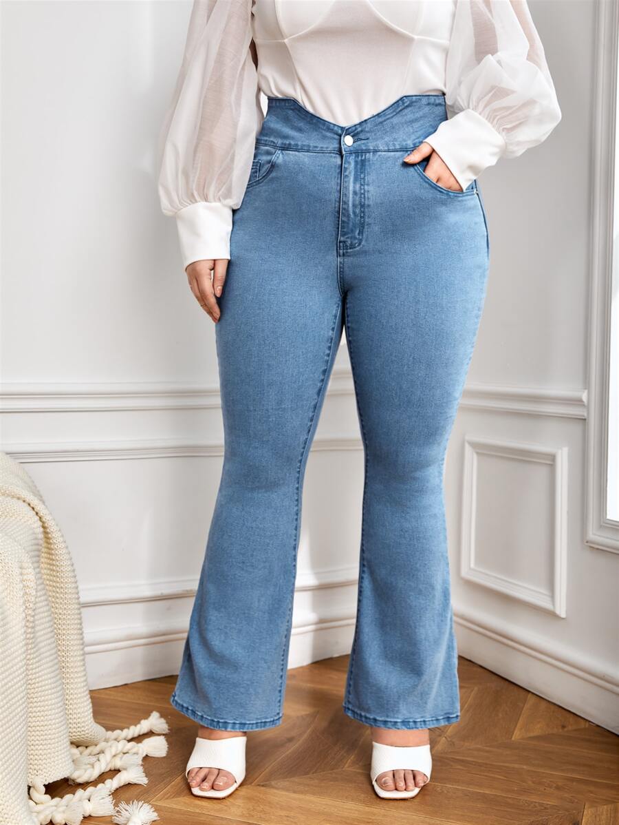 Plus V-cut Waist Flare Leg Jeans - Light Wash - View 1