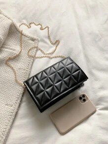 小號菱格細節軟呢扣環方形鏈條包 - 黑色 - 查看 6