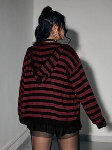 ROMWE Grunge Punk Cárdigan de hombros caídos a rayas talla grande - Burdeos - Ver 2