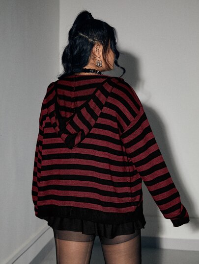 Grunge Punk Plus Size Striped Pattern Drop Shoulder Cardigan