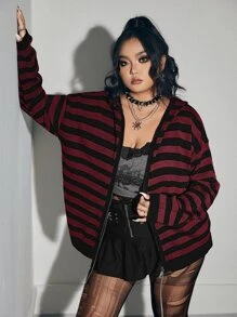 ROMWE Grunge Punk Cárdigan de hombros caídos a rayas talla grande - Burdeos - Ver 4