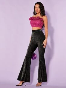 SHEIN BAE Solid Glitter Flare Leg Trousers - Black - View 3