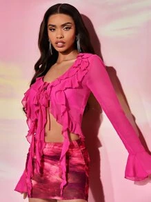 SHEIN BAE Lettuce Trim Ruffle Trim Flounce Sleeve Knot Front Crop Blouse - Hot Pink - View 5