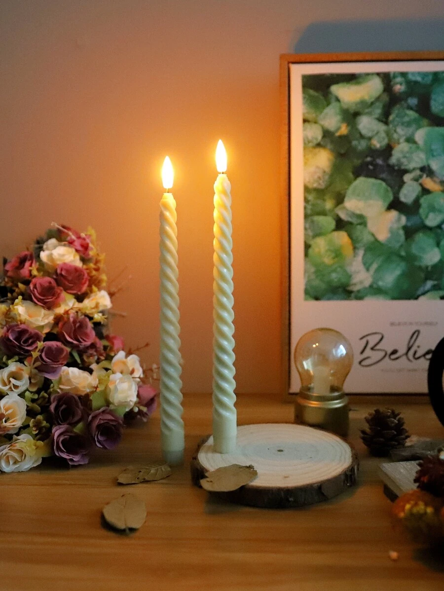 2 件螺旋图案子弹蜡烛，象牙色仿螺纹长茎电子蜡烛灯，适用于节日、婚礼、约会之夜、晚餐氛围装饰，无烟长茎蜡烛，节日装饰 - 黃色 - 查看 1