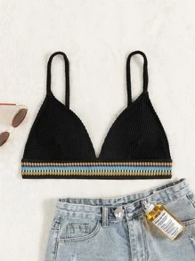 SHEIN Swim Curve Summer Plus Size Striped Tape Bikini Top - Black - View 1