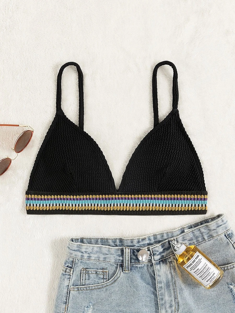 SHEIN Swim Curve Summer Plus Size Striped Tape Bikini Top - Black - View 1