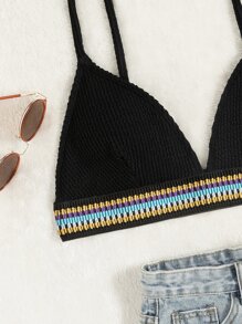 SHEIN Swim Curve Summer Plus Size Striped Tape Bikini Top - Black - View 2