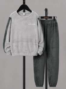 SHEIN Boys Letter Embroidery Flannel PJ Set - Multicolor - View 1