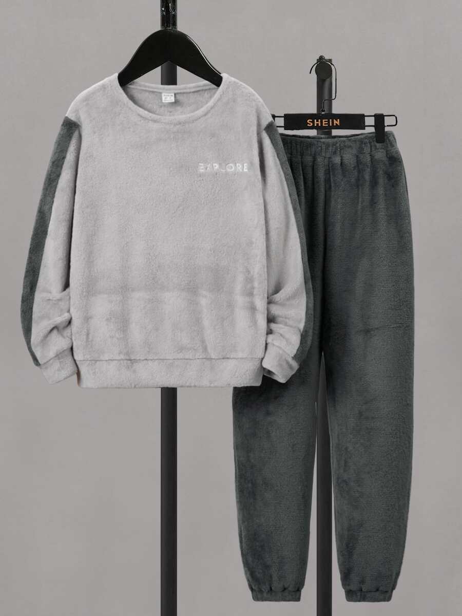 SHEIN Boys Letter Embroidery Flannel PJ Set - Multicolor - View 1