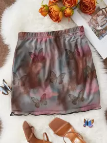 SHEIN EZwear 蝴蝶圖案木耳邊紮染半身裙