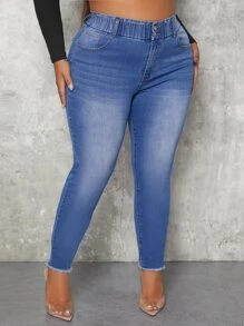 Plus High Waist Raw Hem Skinny Jeans - Medium Wash - View 1