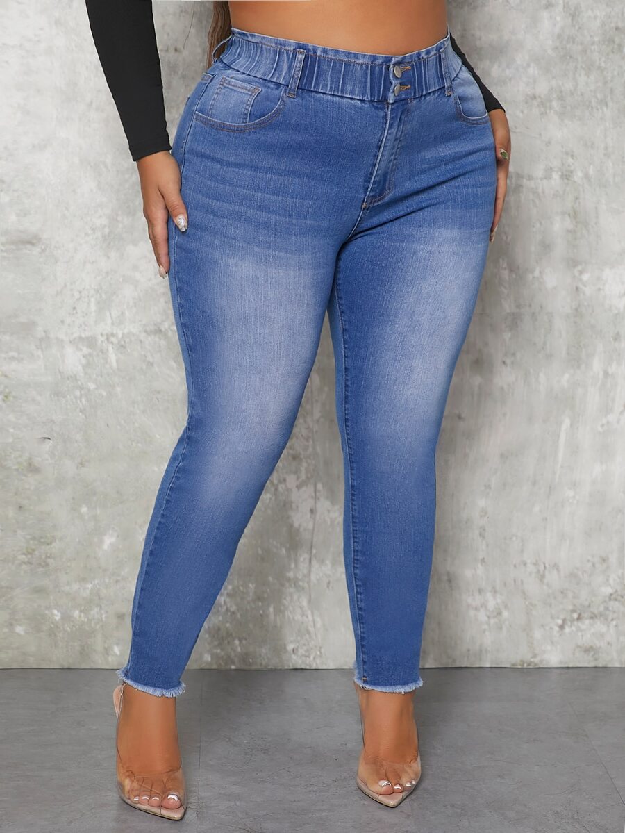 Plus High Waist Raw Hem Skinny Jeans - Medium Wash - View 1