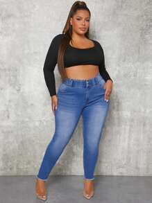 Plus High Waist Raw Hem Skinny Jeans - Medium Wash - View 3