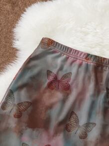 SHEIN EZwear 蝴蝶圖案木耳邊紮染半身裙