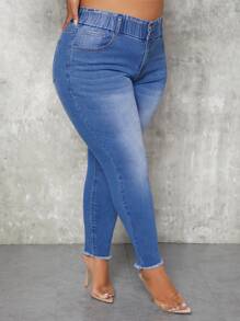 Plus High Waist Raw Hem Skinny Jeans - Medium Wash - View 5