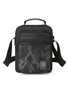 多功能男士迷彩圖案方包單肩包斜挎包休閒包斜挎包高中生大學生新生 - 黑色 - 查看 1