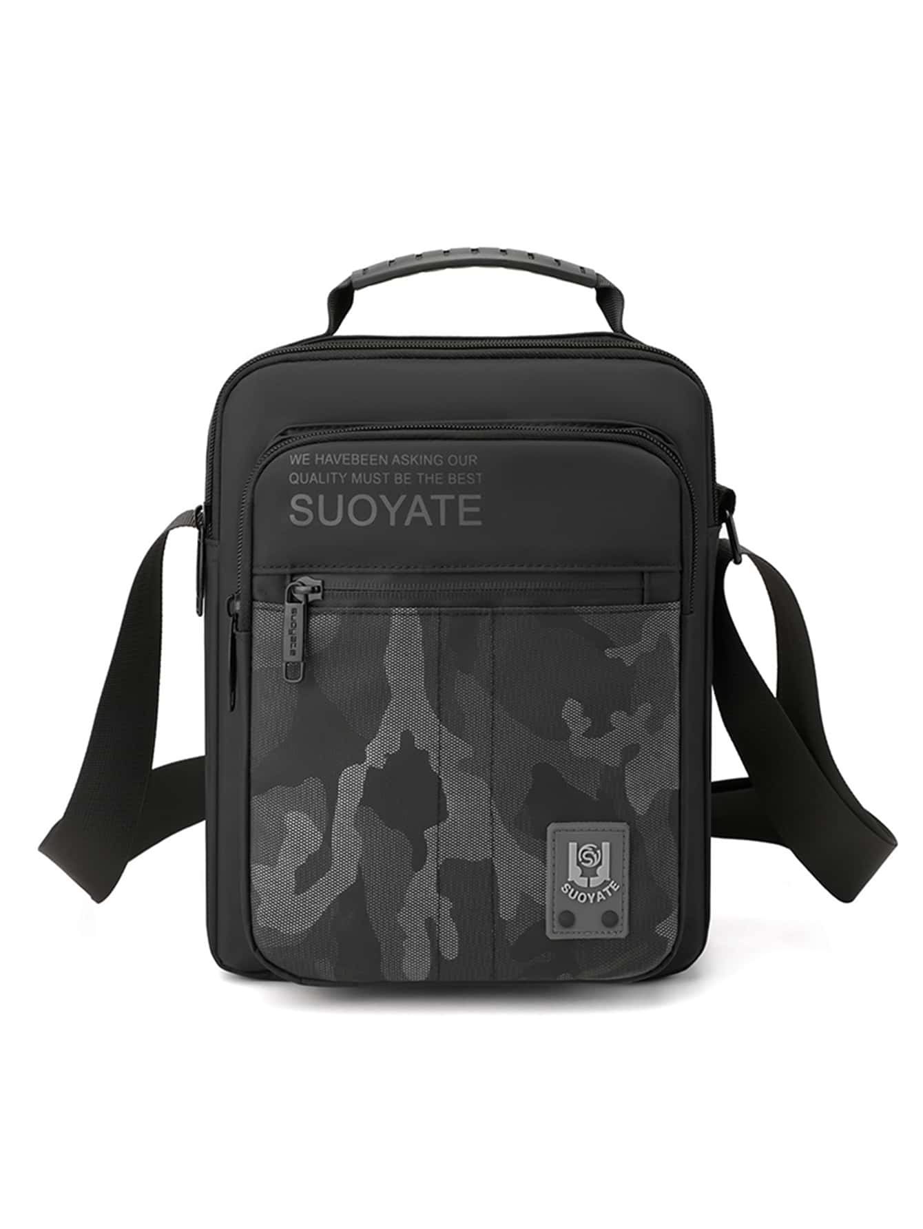 多功能男士迷彩圖案方包單肩包斜挎包休閒包斜挎包高中生大學生新生 - 黑色 - 查看 1