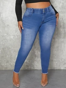 Plus High Waist Raw Hem Skinny Jeans - Medium Wash - View 6