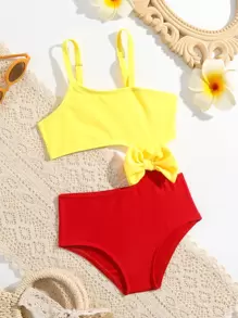 Baby Two Tone Bow Front Cut Out One Piece Swimsuit - Multicolor - View 1