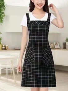 1入組格紋圖案防水圍裙 - 黑色 - 查看 3