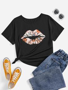 Calvaya Plus Lip & Floral Print Tee - Black - View 1