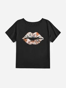Calvaya Plus Lip & Floral Print Tee - Black - View 3