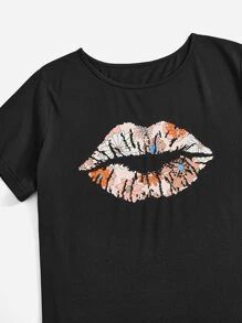 Calvaya Plus Lip & Floral Print Tee - Black - View 4