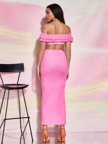 SHEIN BAE Top crop de hombros descubiertos ribete con fruncido con cordón & Falda de muslo con abertura - Rosa - Ver 2