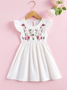 SHEIN Toddler Girls Floral Embroidery Ruffle A-line Dress - White - View 1