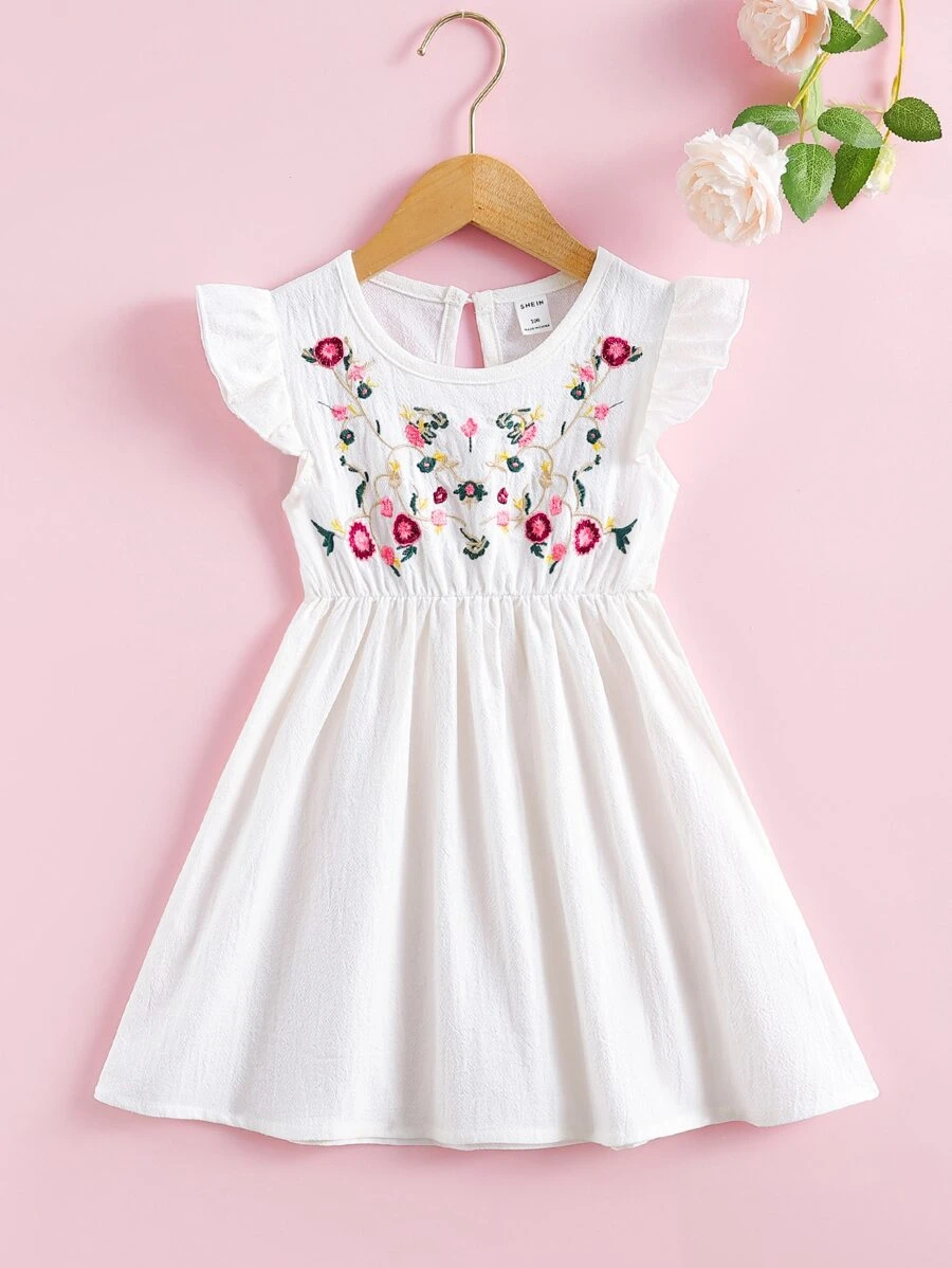 SHEIN Toddler Girls Floral Embroidery Ruffle A-line Dress - White - View 1