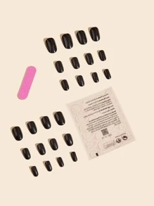 Nail Nina 24 cái Dài Hình Bầu Dục Rắn Móng Tay Giả & 1 Tấm Băng & 1 Cái Dũa Móng Tay - màu đen - Xem 2