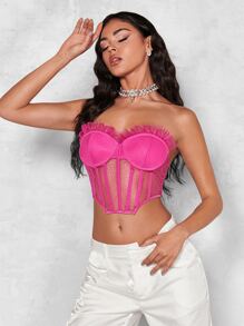 SHEIN BAE Frill Trim Bustier Mesh Tube Top - Hot Pink - View 1