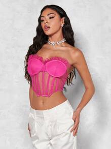 SHEIN BAE Frill Trim Bustier Mesh Tube Top - Hot Pink - View 3