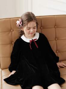 Toddler Girls Peter Pan Collar Bow Front Velvet Smock Dress - Black - View 4