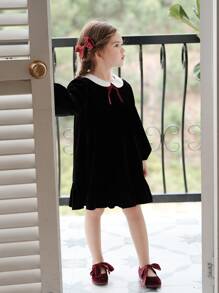 Toddler Girls Peter Pan Collar Bow Front Velvet Smock Dress - Black - View 6