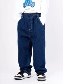 男大童直筒牛仔牛仔褲,時髦爸爸長褲風格,休閒穿戴適合春天和秋天 - 深色水洗藍 - 查看 8