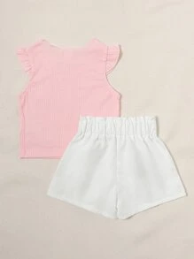 SHEIN 小女童荷葉袖T恤和紙袋腰短褲 - 彩色 - 查看 2