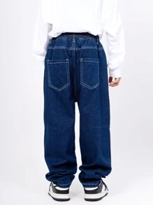 男大童直筒牛仔牛仔褲,時髦爸爸長褲風格,休閒穿戴適合春天和秋天 - 深色水洗藍 - 查看 2