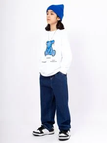 男大童直筒牛仔牛仔褲,時髦爸爸長褲風格,休閒穿戴適合春天和秋天 - 深色水洗藍 - 查看 3