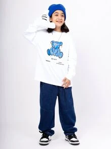 男大童直筒牛仔牛仔褲,時髦爸爸長褲風格,休閒穿戴適合春天和秋天 - 深色水洗藍 - 查看 4