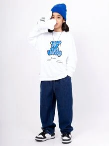 男大童直筒牛仔牛仔褲,時髦爸爸長褲風格,休閒穿戴適合春天和秋天 - 深色水洗藍 - 查看 5