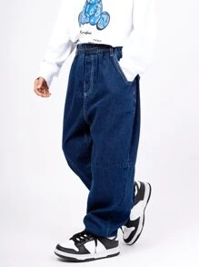 男大童直筒牛仔牛仔褲,時髦爸爸長褲風格,休閒穿戴適合春天和秋天 - 深色水洗藍 - 查看 6