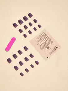 Nail Nina 24入組短方形實色優雅美甲配件套裝,包括膠水和指甲檔。適用於戶外活動,休閒,聚會,舞會和日常穿著 - 紫色 - 查看 2