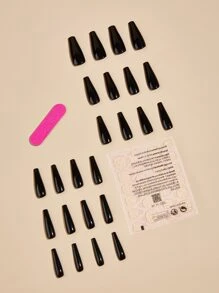 提升你風格帶24入組長款棺材黑色素色水潤光澤假指甲和1入組指甲銼和1張膠帶 - 黑色 - 查看 2