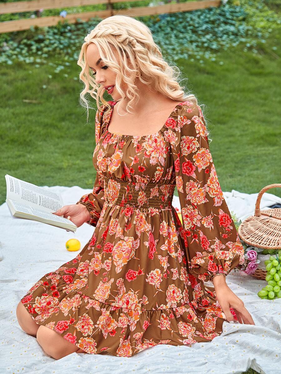 SHEIN VCAY Floral Print Ruffle Hem Bishop Sleeve Dress - Brown - View 1
