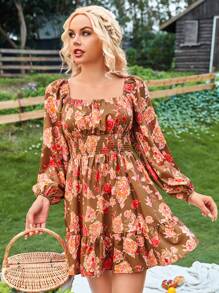 SHEIN VCAY Floral Print Ruffle Hem Bishop Sleeve Dress - Brown - View 4