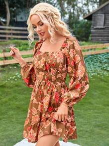 SHEIN VCAY Floral Print Ruffle Hem Bishop Sleeve Dress - Brown - View 5