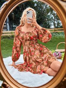 SHEIN VCAY Floral Print Ruffle Hem Bishop Sleeve Dress - Brown - View 6