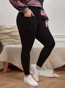 SHEIN LUNE 大碼素色口袋貼布緊身打底褲 - 黑色 - 查看 1