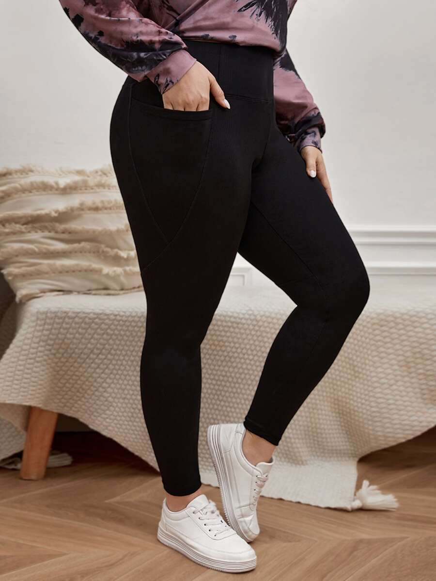 SHEIN LUNE 大碼素色口袋貼布緊身打底褲 - 黑色 - 查看 1